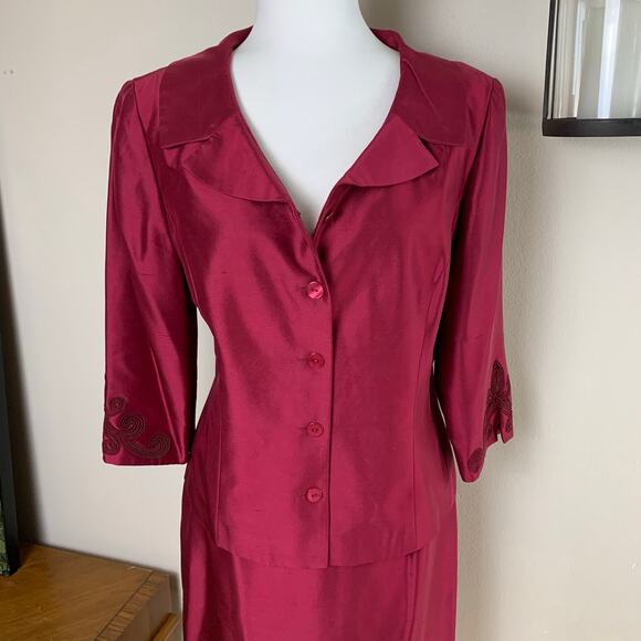 Talbots Size 14 Skirt Suit Blazer Jacket Pure Silk Burgundy Wine Formal Holiday - Picture 5 of 10